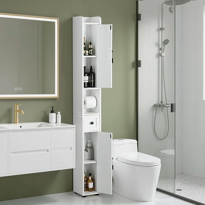 VECELO Narrow Bathroom Storage Cabinet with Adjustable Shelves, 67" Tall Freestanding Cabinet with Toilet Paper Holder, Slim Tower Cabinet with Two Magnetic Doors & Drawer, for Small Spaces, White