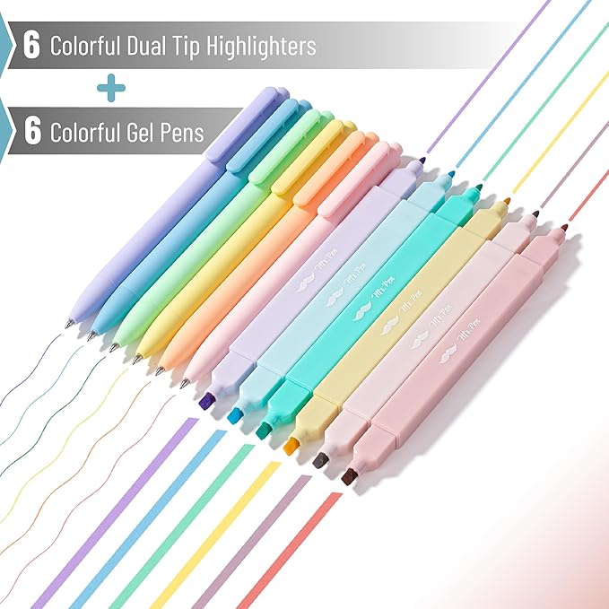 Mr. Pen- Dual Tip Aesthetic Highlighters and Gel Pens, 12 Pack, Pastel Colors Bible Highlighters No Bleed