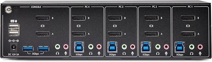StarTech.com 4-Port Dual-Monitor DisplayPort KVM Switch, 4K 60Hz, 2X USB 5Gbps Hub Ports, 2X USB 2.0 HID Ports, Hotkey and Push-Button Switching, TAA Compliant (P4DD46A2-KVM-SWITCH)