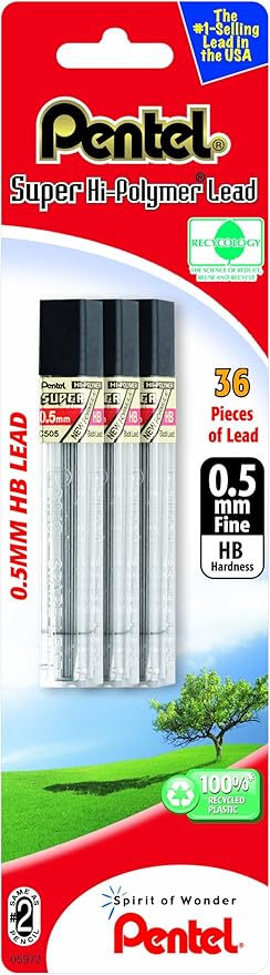 Pentel Super Hi-Polymer Lead Refill 0.5mm Fine, HB, 36 Pieces of Lead (C505BP3HB-K6)
