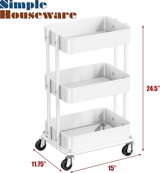 Simple Houseware 3-Tier Compact Utility Rolling Cart, Low 24” Height Fits Under Desk, Space-Saving Storage for Home Office, Dining Room, or Kitchen, White