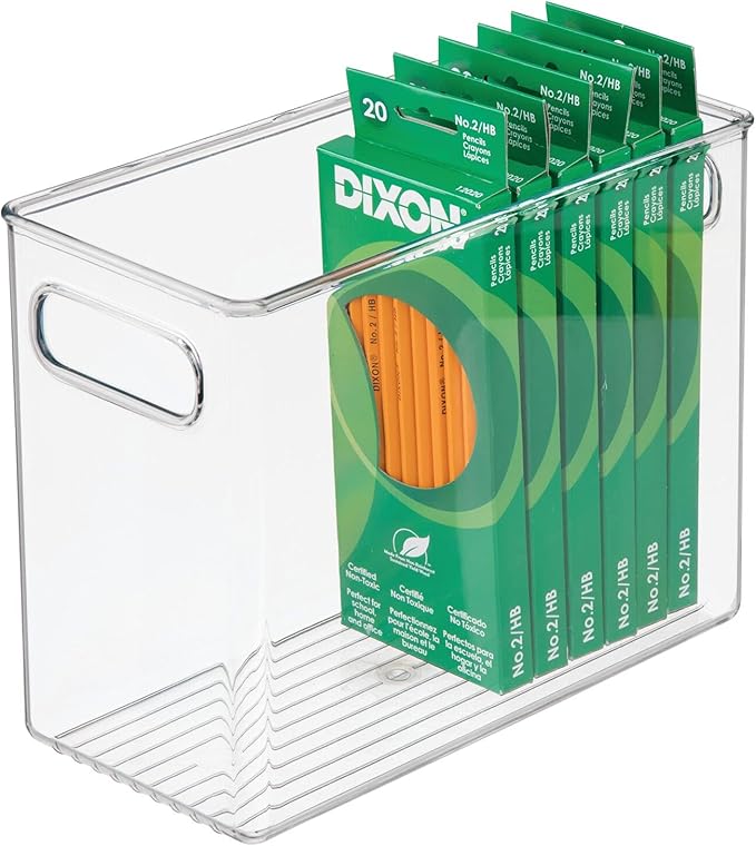 mDesign Tall Plastic Office Storage Bin with Handles - Organizer Bins for Cabinets, Drawers, Desks, Workspace - Containers and Baskets for Pens, Pencils, Highlighters and Notebooks - 2 Pack - Clear