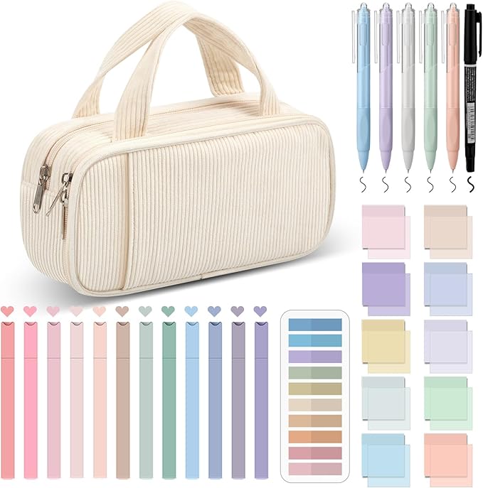 Jutom 39 Pcs Aesthetic Book Annotation Kit Highlighter with Pencil Case Bag Gel Pen Transparent Sticky Note Taking Bible Study College School Supplies(White,Classic Style)