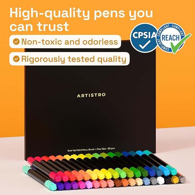 ARTISTRO 36 Acrylic Paint Markers - Paint Pens for Calligraphy, Brush + Fine Tips - For Fabric, Rock, Glass, Wood, DIY, Craft, Canvas - Art and Craft Supplies for Adults, Teens, Kids