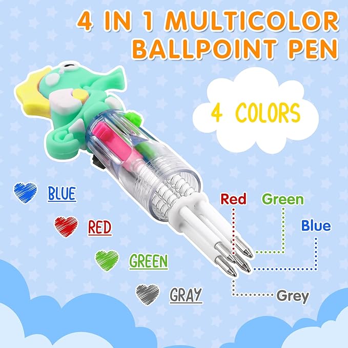 arscniek 24Pcs Multicolor Pen in One, 4-in-1 0.5mm Fine Point Cute Pens, Fun Kawaii Ballpoint Pen for Children's Party Favors, Classroom Prizes, Teacher School Supplies, Bulk Gifts for Students