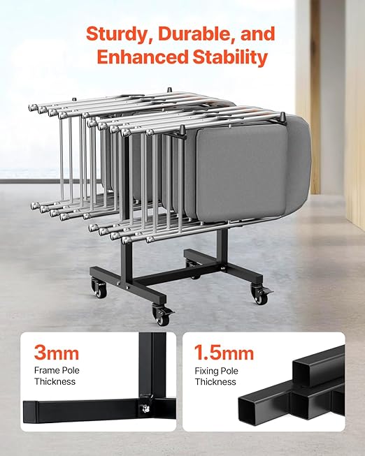 VEVOR Folding Chair Rack, 200 LBS Capacity, T-Shape Chair Cart for 14 Chairs, Heavy-Duty Metal Chair Storage Dolly with Rubber Wheels, Multi-Function Chair Holder for Party Event,Hotel, Matte Black