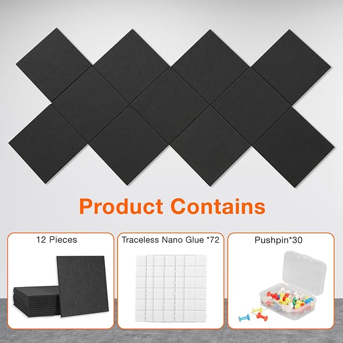 Large Cork Boards for Walls 48" x 36",12 Pack Bulletin Boards Alternative Cork Board for Office,Black Felt Wall Tiles, Contains Removable Security Stickers and PushPins