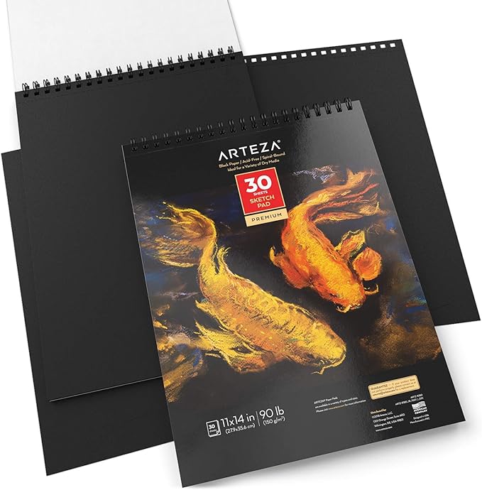 ARTEZA Spiral Sketch Book 11x14 Black Art Paper Drawing Pad 2 Pack 30 Sheets Sketch Pads for Drawing