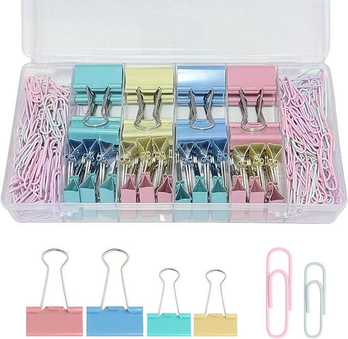 260PCS Colored Assorted Size Paper Clips and Binder Clips, Paperclips Large Medium Small, Binder Clip and Paper Clip Set for Home, School, and Office Supplies in a Container with Compartments