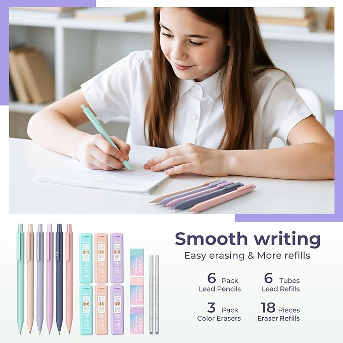 Nicpro 39 PCS Aesthetic School Supplies with Cute Purple Pencil Case, 12 Pastel Highlighters, 5 Quick Dry Black Ink Pens, 6 Mechanical Pencil 0.5 & 0.7mm for Girl Student Stationary College Essentials