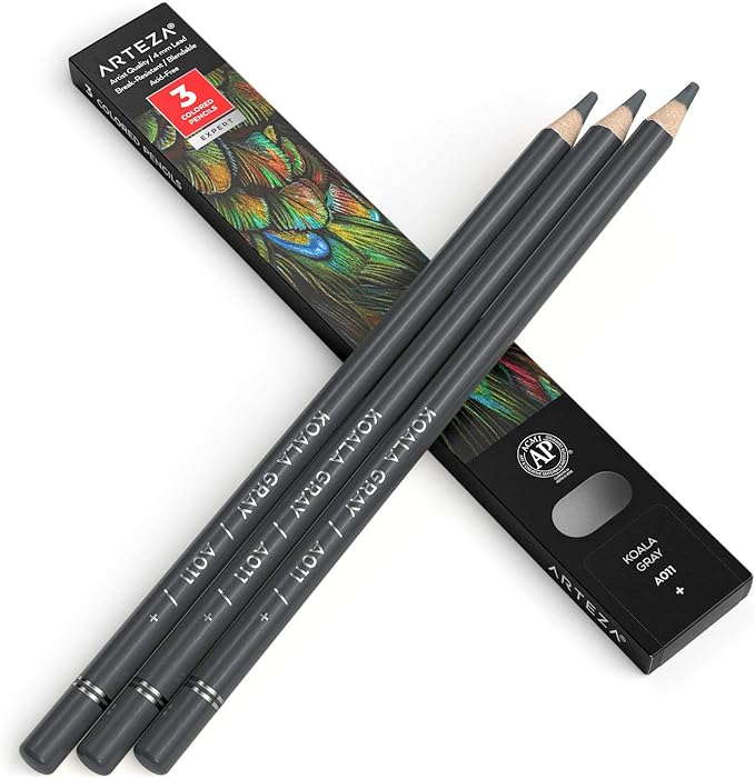 Arteza Colored Pencils, Pack of 3, А011 Koala Grey, Soft Wax-Based Cores, Ideal for Drawing, Sketching, Shading & Coloring