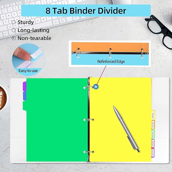 Binder Dividers for 3 Ring Binder,8 Tab Plastic File Dividers, Multicolor,Pack of 6sets(48 Dividers Total)