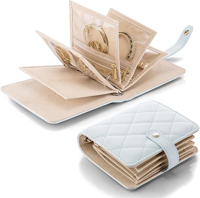 Vlando Travel Jewelry Case,Portable Jewelry Organizer Box with Clear Zipper Velvet Jewelry Pouch,Gifts for Traveler Women Girls-Baby Blue