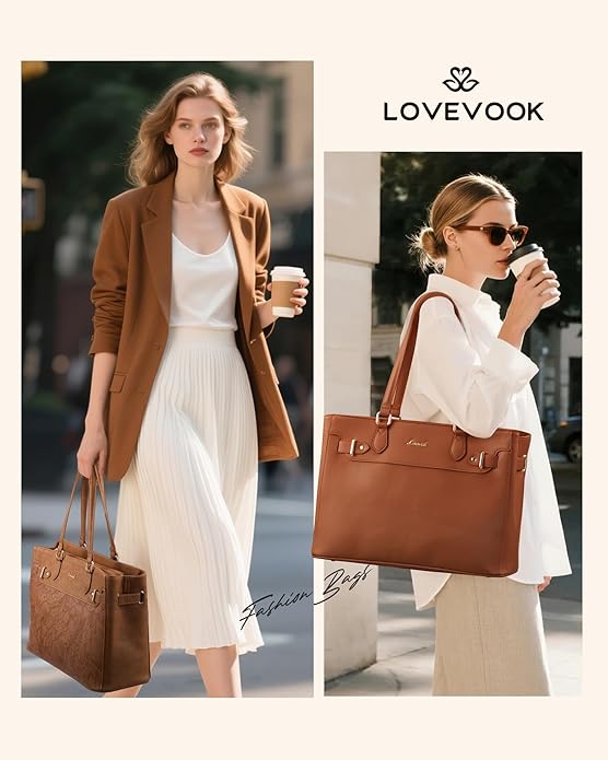 LOVEVOOK Laptop Tote Bag for Women Work, Teacher Tote Bag with Large Cup Holder, 15.6 Inch Waterproof Leather Computer Bag