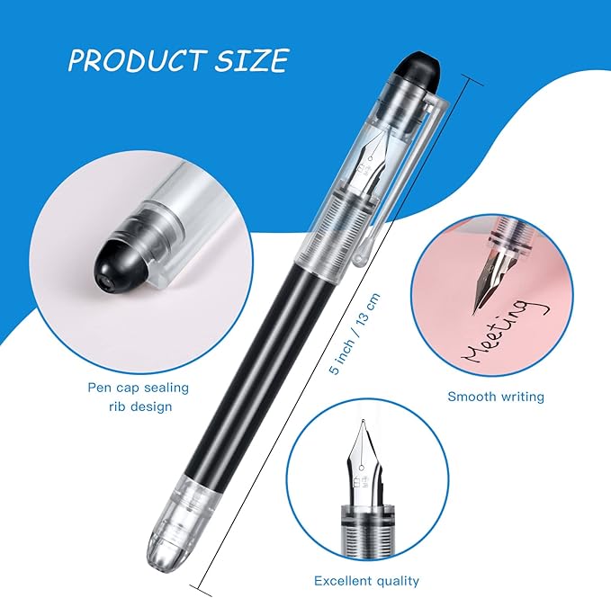 EEOYU 12 Pieces Black Disposable Fountain Pens, Smooth-Writing Office Supplies for Sketching, Journaling, Calligraphy, Doodling and Gifts (Black)