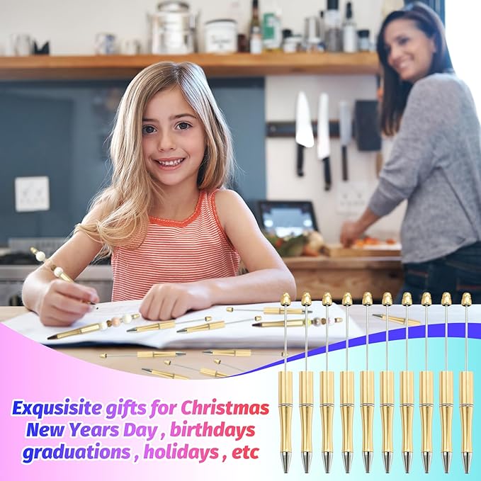 300 Pieces DIY Beadable Pen Kit – 100 Plastic Ballpoint Pens with Refills & Bags – School Supplies, Office Accessories & Decorative Items for Students & Teachers (Gold)