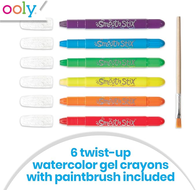 Ooly Smooth Stix Gel Crayons for Kids and Adults with Paint Brush - Set of 6 Watercolor Rainbow Colors for Glass and Paper with Case, Twist-Up Gel Crayon Set