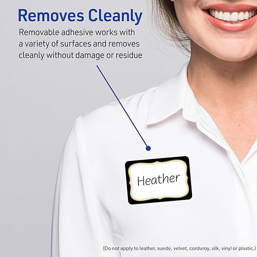 Avery Printable Adhesive Name Badges, 2-1/3" x 3-3/8", Pre-Printed Black Border with Metallic Gold Flourish Design, Matte White, Laser & Inkjet Compatible, 80 Total