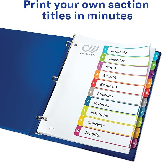 Avery Dividers for 3 Ring Binders, 10 Tabs per Set, Customizable Table of Contents, Multicolor Arched Tabs, Great for Organizing Reports, Projects, and More (11842)