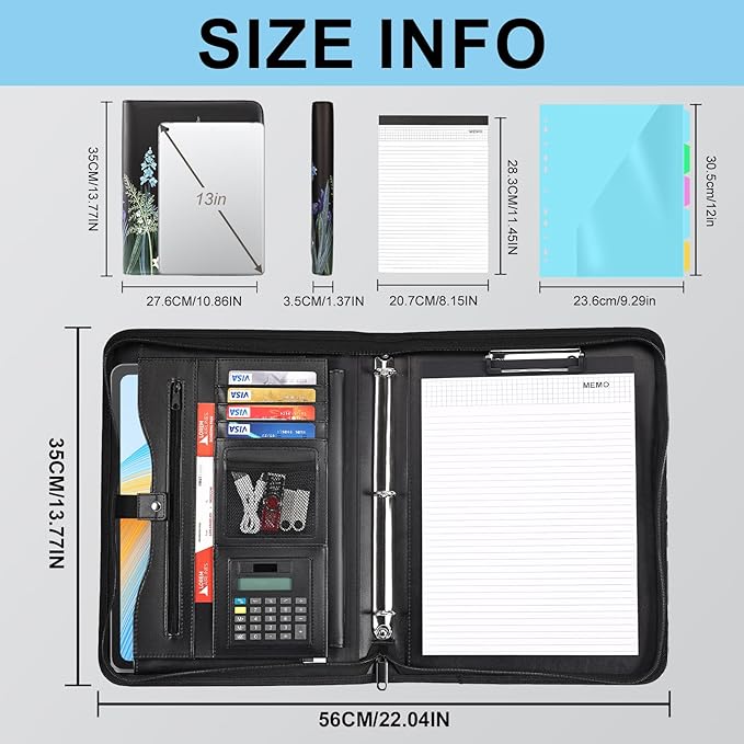 Eshow Portfolio Organizer - 3 Ring Binder with Zipper, Vegan Leather Business Padfolio Folder with Notepad Includes 5 Color Sheet Protectors for Documents Files for Men Women
