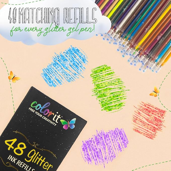 ColorIt Glitter Gel Pens for Coloring – 96 Pack with 48 Premium Glitter Gel Pens & 48 Refills with 1 Travel Case - Vibrant Colors for Journaling, Writing, Adult Coloring Books, and Creative Projects
