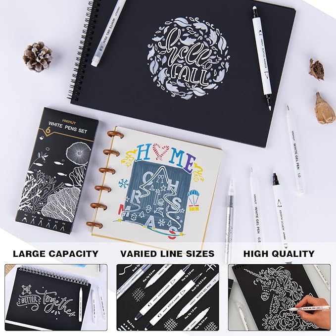 HNIHUY White Ink Pens, Fine Point White Gel Pens, Brush Tip Acrylic Markers, Dual-Tip Opaque Paint Pens for Black Paper Drawing, Sketching, Illustration, Card Making, 6 Pack