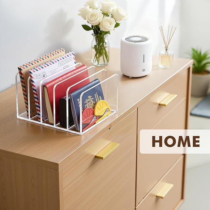 BEYGORM Acrylic Mail Holder, Clear Multifunction Desk Organizer with Divider, Vertical Letter Sorter for Desktop, 5 Compartments Modern Office Home Envelope Organizer for Folder, Document, Notebook