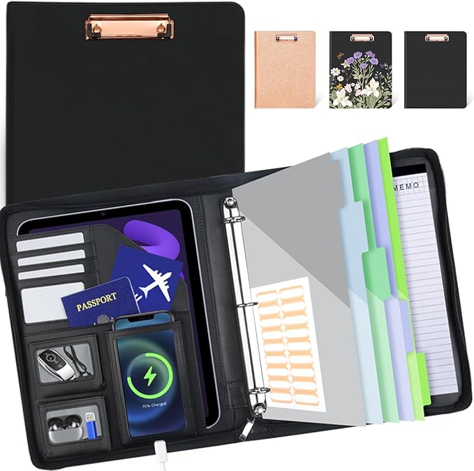 Clipboard with Storage for Men Women, Leather Padfolio Portfolio with Zipper, 1 Inch 3 Ring Binder 5 Dividers, Notepad for Letter Size, Elastic Closure and Pen Loop, Card Slot Black