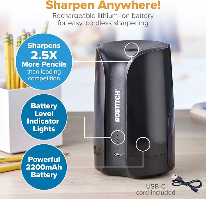 Bostitch Portable Rechargeable Battery Vertical Pencil Sharpener Helical Blade for No.2/Colored Pencils, Black