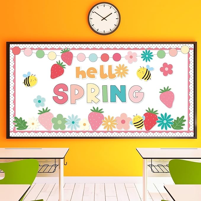 Hello Spring Bulletin Board Decorations Set Strawberry Cutouts Flowers Bulletin Board Decorations Floral Theme Blackboard Borders Flowers Cutouts for School Classroom Wall Decor