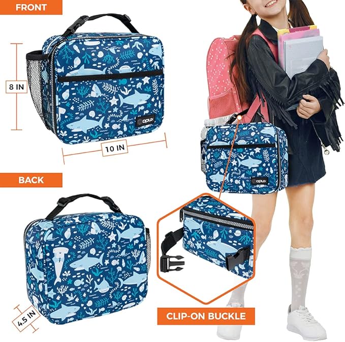 opux Insulated Lunch Bag Kids, Lunch Box for School Boy Girl, Leakproof Small Reusable Compact Soft Mini Cooler Bag, Toddler Small Lunch Boxes Kit Pail with Front Side Pockets (Blue Shark)