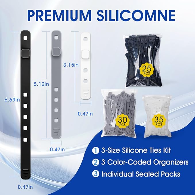 AROIC 90Pcs Silicone Cable Ties with 3 Sizes,Reusable and Washable with Adjustable Locking Buckle Design, Cord Organizer for Home, Office, Travel Essential, School (3 Colors)