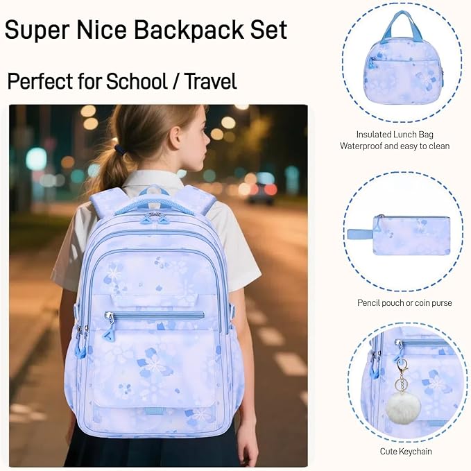 3Pcs Set Backpacks for Girls Teen, Cute Flowers School Bag Girls Bookbags with Lunch Box Pencil Bag, Multi-Pockets Kids Backpack for Elementary & Middle School, Light Blue