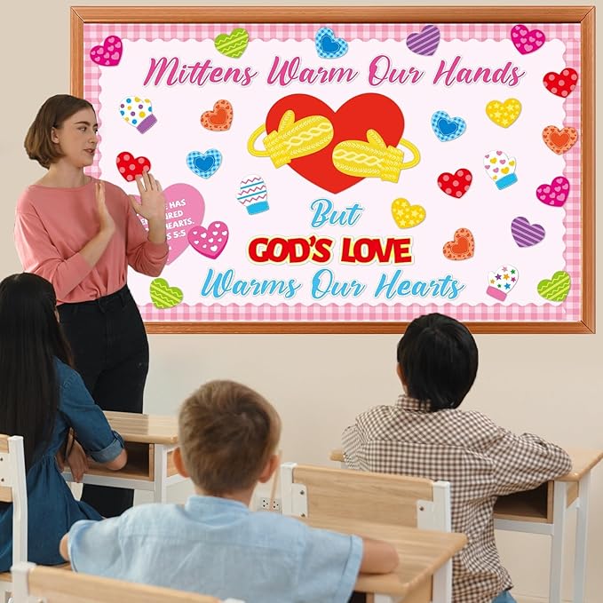 Valentine's Day Religious Bulletin Board Set God's Love Classroom Decorations Valentines Day Religious Bible Paper Cutouts Colorful Mittens Love Heart Bulletin Board for School Church Teacher Supplies