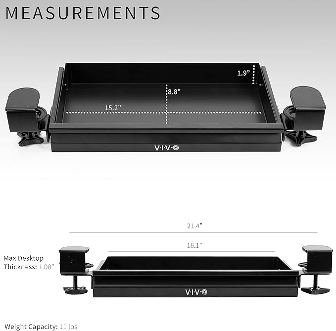 VIVO 16 inch Clamp-on Sliding Pull-out Under Table Drawer for Office Desk, Shallow Storage Organizer for Sit Stand Workstation, Black, DESK-DR2C