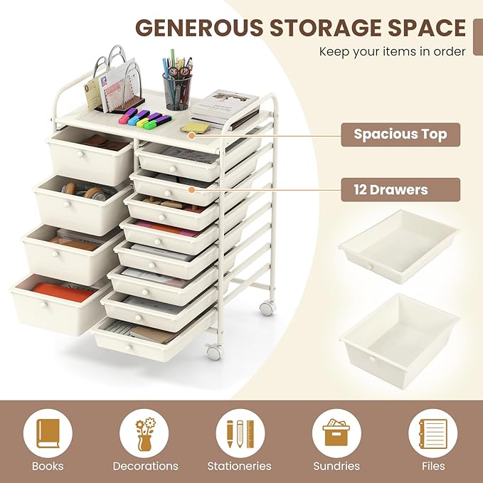 COSTWAY 12 Drawer Rolling Storage Cart, Mobile Utility Cart with Metal Frame, Art Supply Craft Organizer, Multipurpose Storage Organizer for Paper, Office, School Teacher, Classroom, White