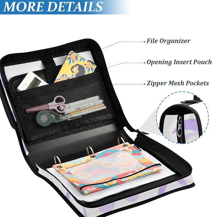 Purple Bow Love 3 Ring Binder with Zipper,Expanding File Folder and Shoulder Strap and Handle, 500 Page Capacity