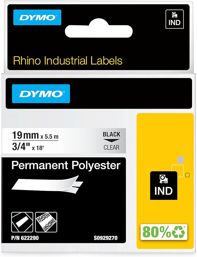 DYMO Rhino Industrial Permanent Polyester Labels 19 mm x 5.5 m Black Print on Clear Self-Adhesive for LabelManager & Rhino Label Makers
