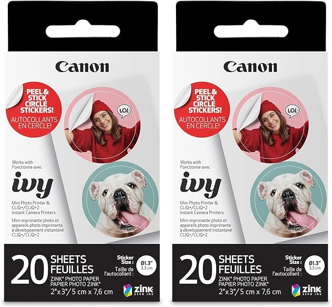 Canon IVY ZINK Pre-Cut Circle Sticker Paper 20 sheets Pack (Pack of 2) Compatible with Canon IVY Mini Photo Printer and CLIQ+/CLIQ+2