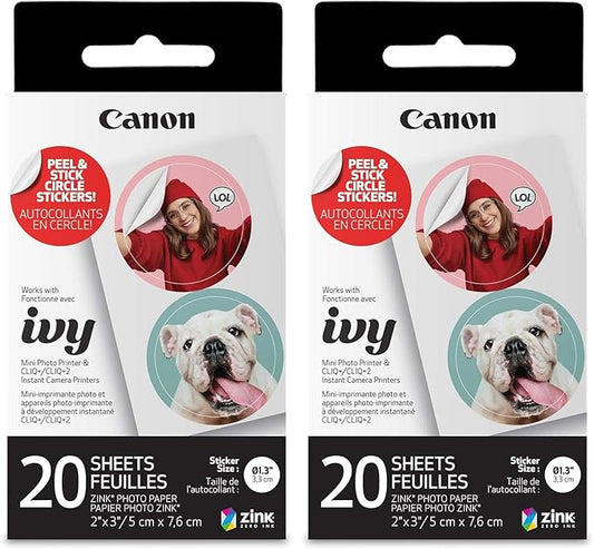 Canon IVY ZINK Pre-Cut Circle Sticker Paper 20 sheets Pack (Pack of 2) Compatible with Canon IVY Mini Photo Printer and CLIQ+/CLIQ+2