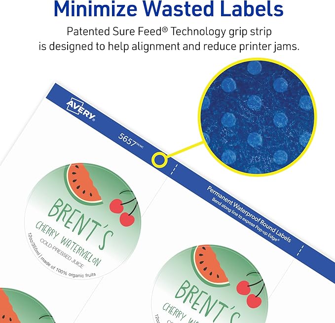 Avery Durable Waterproof Labels, Sure Feed Technology, 2" Diameter, Matte White, Laser/Pigment-Inkjet Printable, 96 Blank Labels, Great for Food Containers, Product Merchandising, and More (5657)