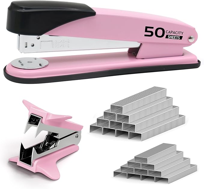Metal Heavy Duty Stapler, 50 Sheet Capacity Stapler with 2000 Staples and Staple Remover, No Jam, Non-Slip Stapler for Desk, Pink Office Supplies for Teacher, Office Clerks