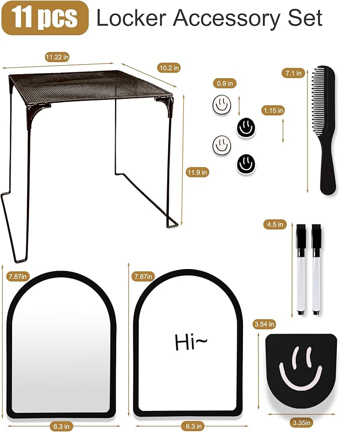 KEYDUACU 11 pcs - Locker Accessories, Locker Decorations Including Mirrors, whiteboards, Magnets and organizing Supplies. Ideal for Back-to-School Essentials and The Office (11 Pcs - Black)