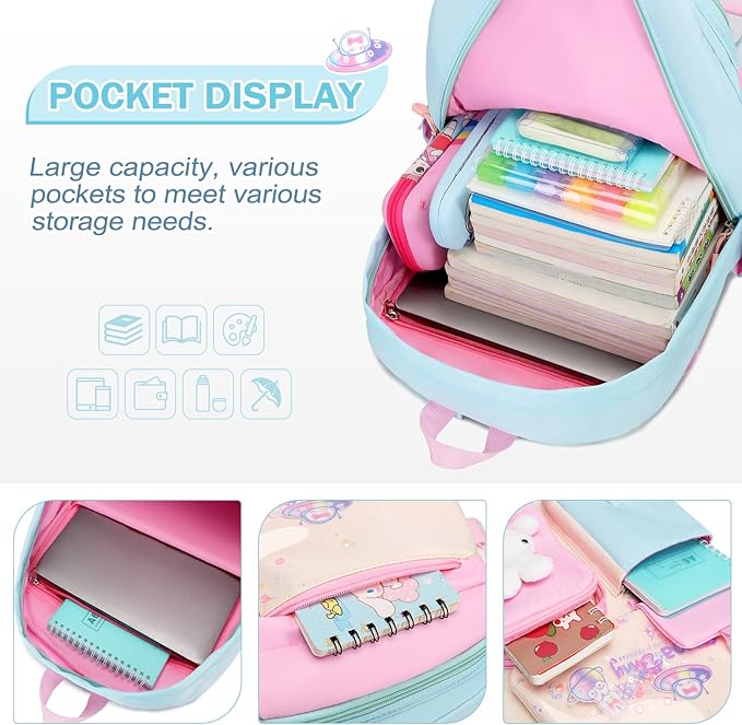 Girls Backpack Set, 3PCS Kids Backpack for Girls, Kawaii Bunny School Backpacks for Girl Kindergarten Elementary Preschool Middle School Bags with Lunch Box Pencil Case Aquamarine