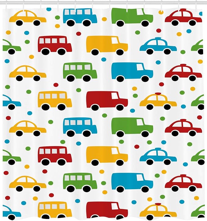Ambesonne Cars Shower Curtain, Vivid Colored Silhouettes of Transportation Vehicles Bus Taxi Automobile Pattern, Cloth Fabric Bathroom Decor Set with Hooks, 69" W x 70" L, Orange Green Blue