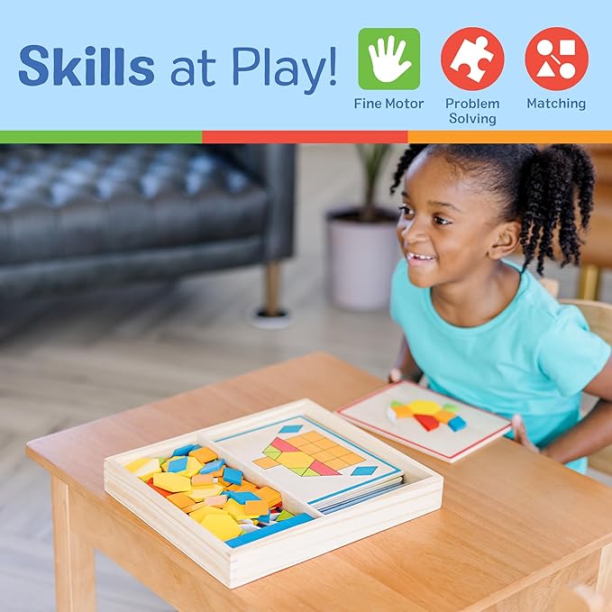 Melissa & Doug Pattern Blocks and Boards with 120 Multi-Colored Wooden Shape Tiles, 5 Double-Sided Puzzle Boards, Tangram Puzzles, Montessori Toys for Girls & Boys