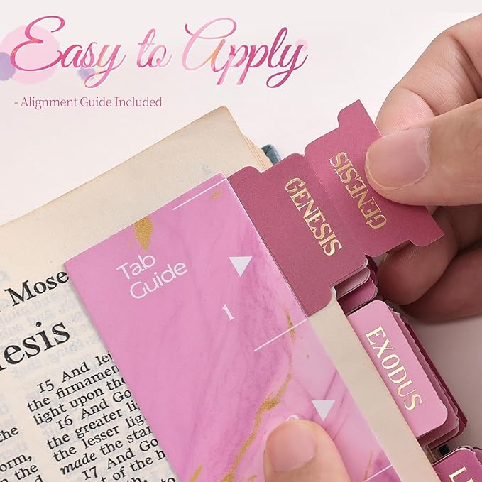 Laminated Bible Tabs, Gold Foil Embossed Lettering Bible Chapter Index Tabs for Women Men, Reposition Large Print Sticky Labels, Easy to Read and Apply, 105Chapters Labels for Easy Navigation (Pink)