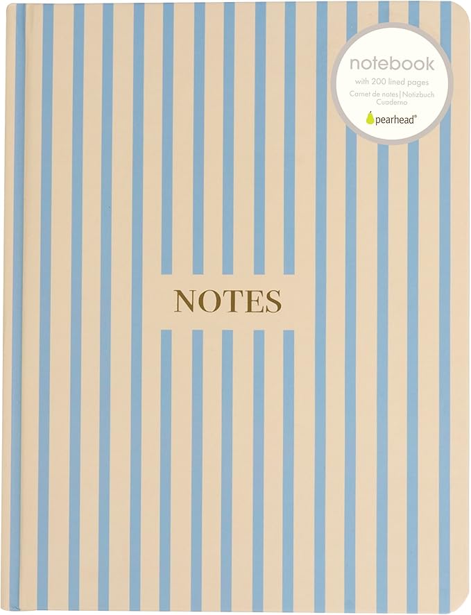 Pearhead Hardcover Journal Notebook 6x8 – Cream & Blue Stripe College-Ruled Writing Journal, 200 Lined Pages for Work, School & Journaling