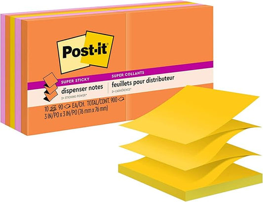 Post-it Super Sticky Dispenser Pop-up Notes, 10 Sticky Note Pads, 3 x 3 in., 2X The Sticking Power, New Year Organization or Second Semester School Supplies, Energy Boost Collection