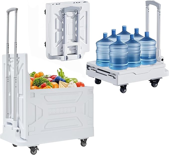 VECELO Foldable Shopping Cart with Wheels, Collapsible Rolling Crate for Groceries, Folding Storage Box with Handle, Three Modes of Use, Ideal for Teacher, Trip, Outdoors, Etc., 16GAL, White